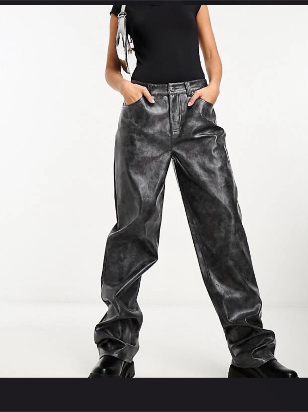Women's High-Rise Faux Leather Wide-Leg Jeans - Black